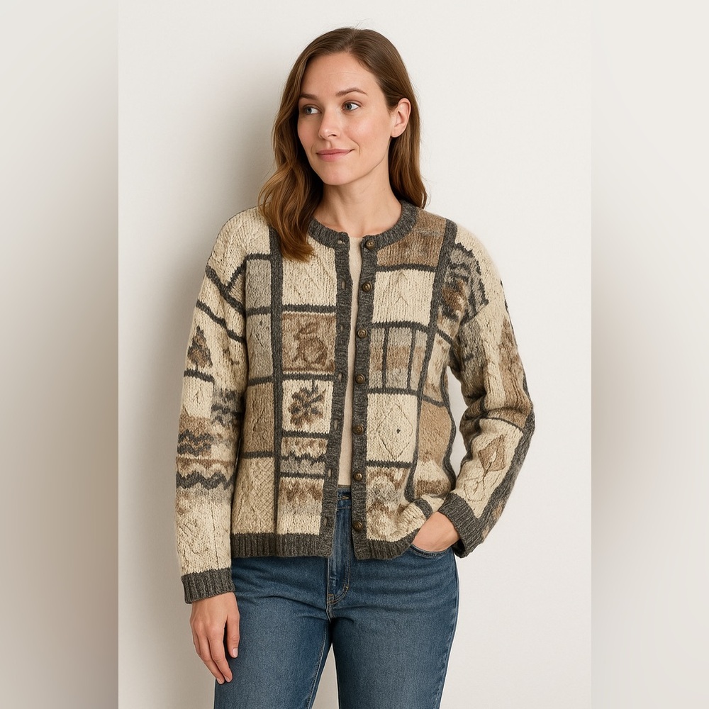 Northern Isles Portrait Hand Knit Cotton Blend Fall Autumn Leaf Square Cardigan